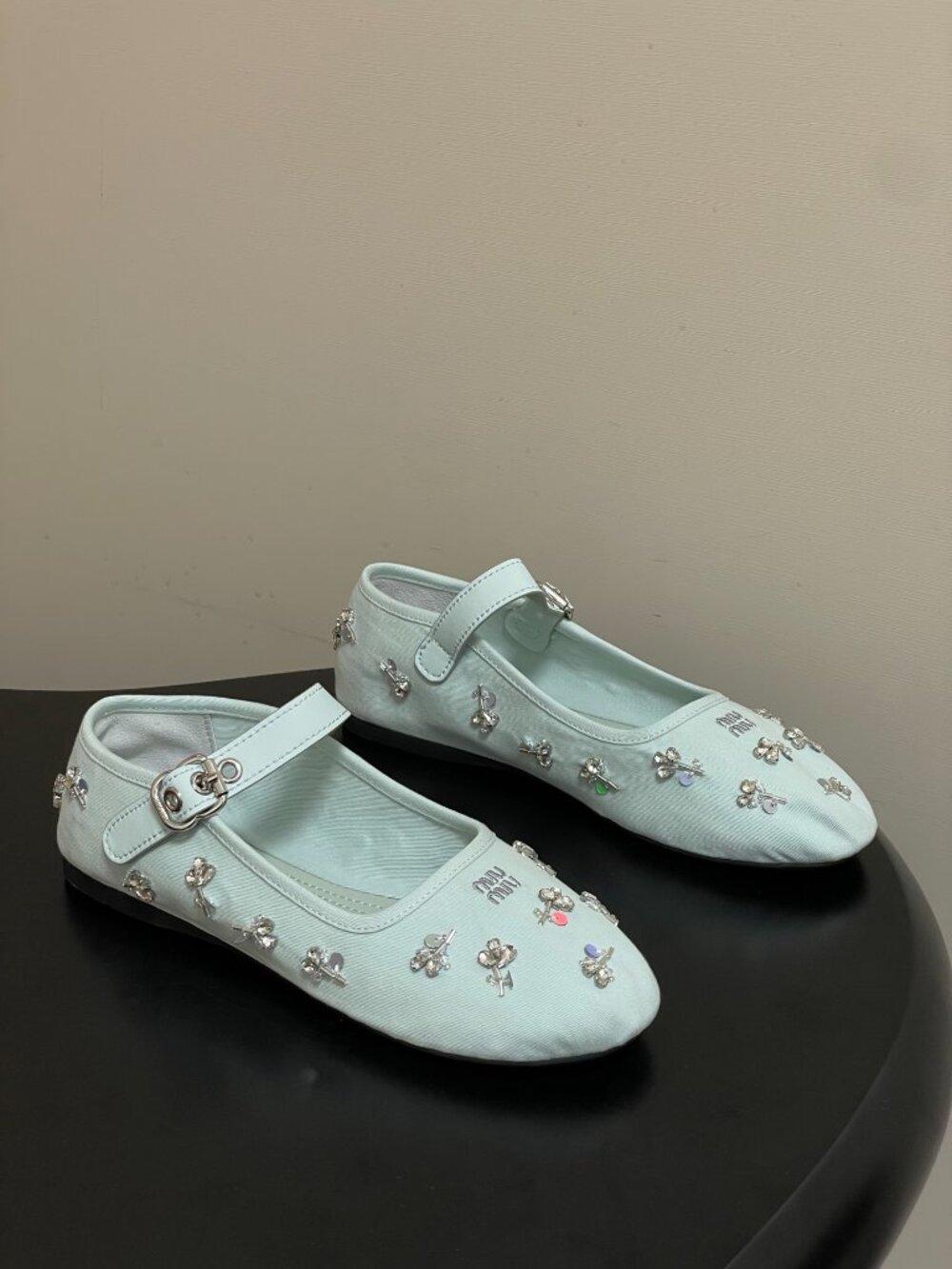 Miu Miu Light Blue Rhinestone-Embellished Mary Jane Ballet Flats - Picture 3 of 9
